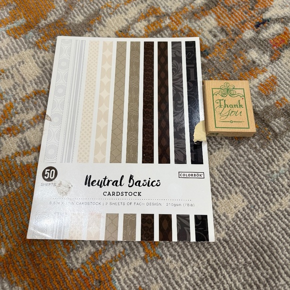 Lot of 2 scrapbook supplies neutral card stock paper & wood thank you stamp - Picture 1 of 15